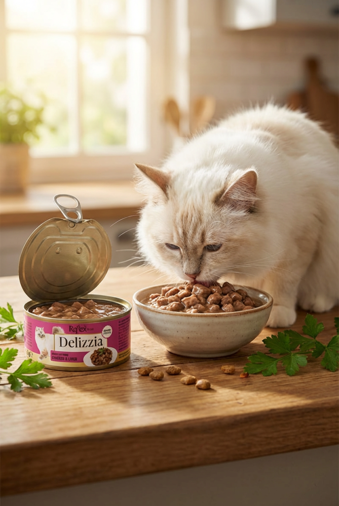 Delizzia  Sos İçinde Parça Etli Tavuklu Ve Ciğerli Yetişkin Kedi Maması kullanım görseli