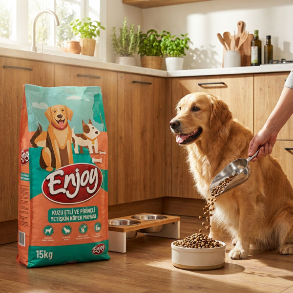 Enjoy Kuzu Etli Ve Pirinçli Yetişkin Köpek Maması 15 kg kullanım görseli