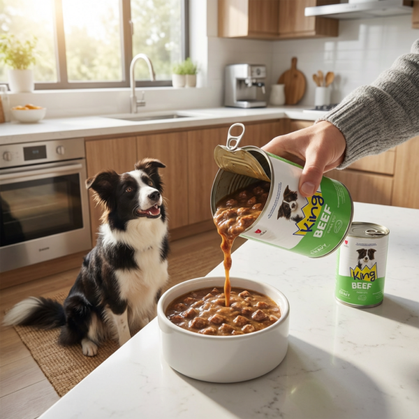 King Sos İçerisinde Et Parçacıklı Dana Etli Köpek Konservesi 400 gr x 12 Adet kullanım görseli