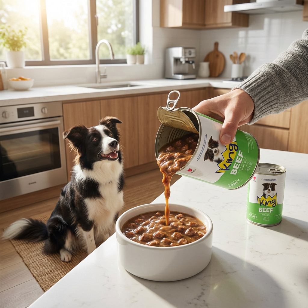 King Sos İçerisinde Et Parçacıklı Dana Etli Köpek Konservesi 400 gr x 12 Adet kullanım görseli