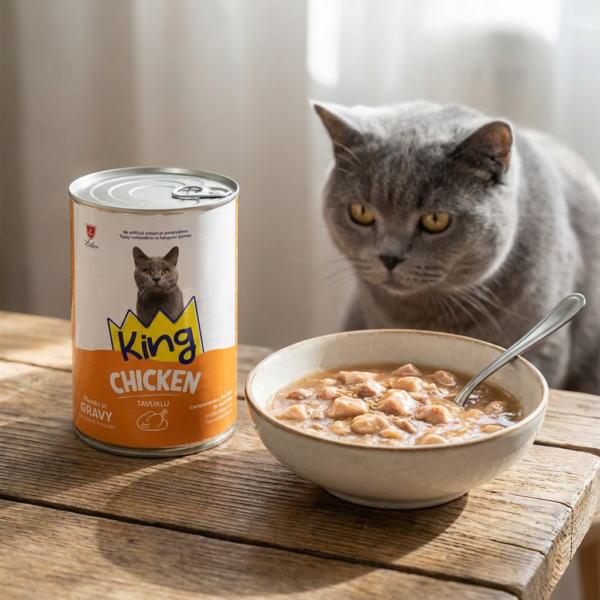 King Sos İçerisinde Et Parçacıklı Tavuklu Kedi Konservesi 400 gr x 12 Adet kullanım görseli