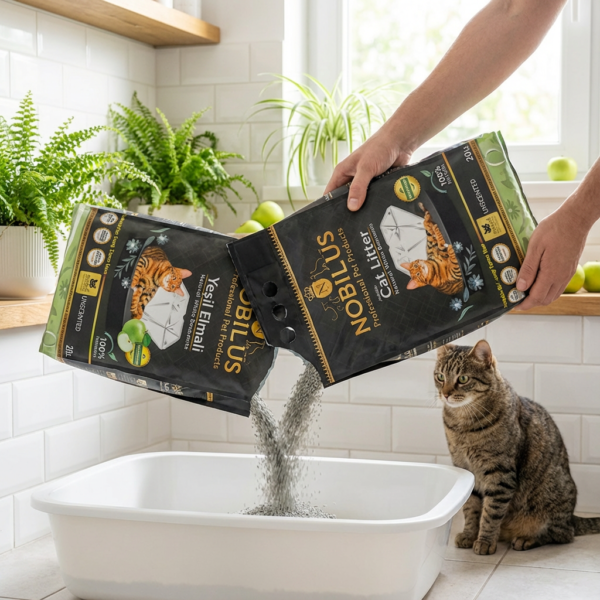 NOBİLUS Yeşil Elmalı Bentonit Kedi Kumu 10 Lt kullanım görseli
