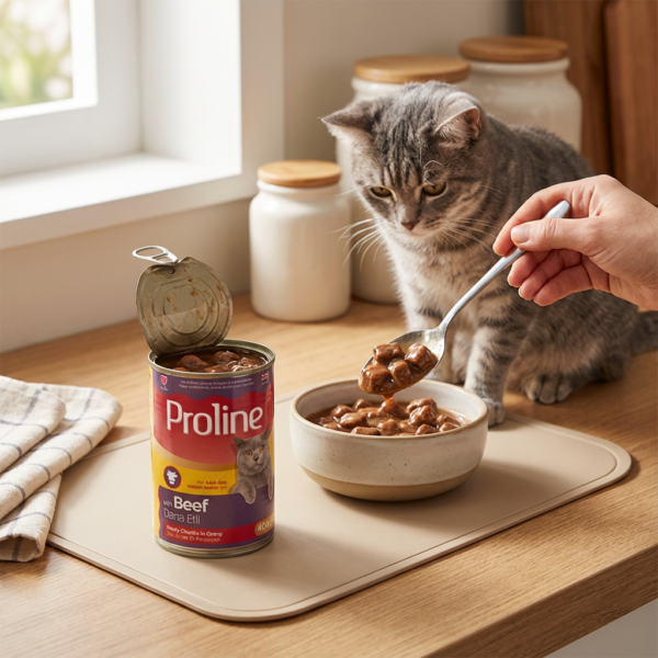 Proline Dana Etli Sos İçinde Et Parçacıklı Konserve Yetişkin Kedi Maması 400GR x 12 kullanım görseli