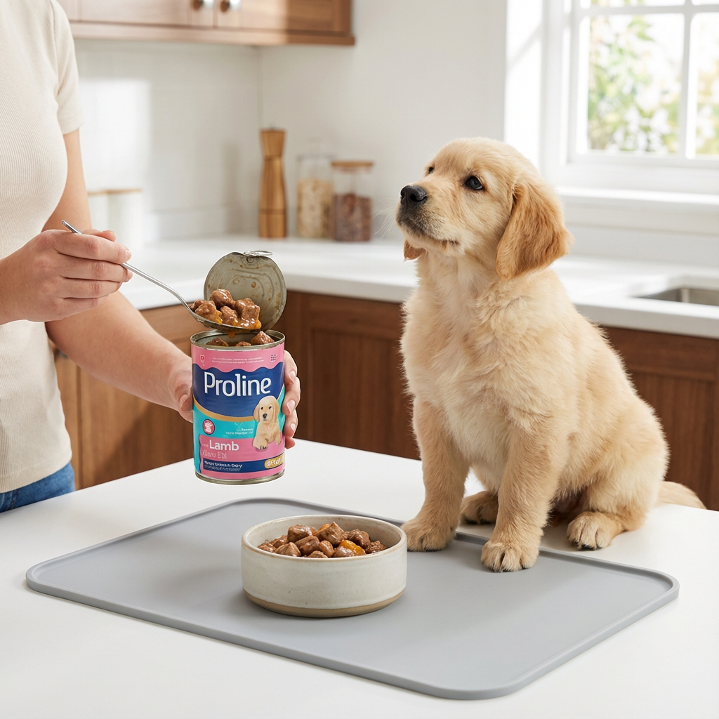 Proline Kuzu Etli ve Bal Kabaklı Sos İçinde Et Parçacıklı Konserve Yavru Köpek Maması 400GR x 12 Adet kullanım görseli