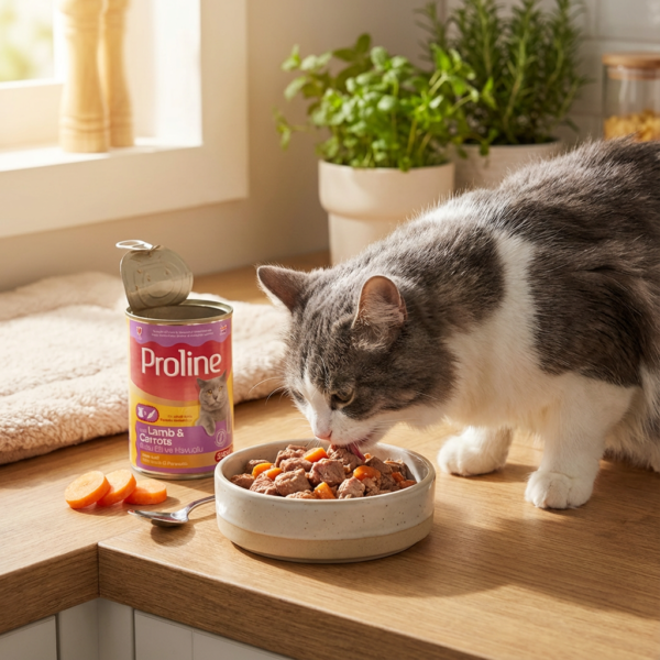 Proline Kuzu Etli ve Havuçlu Pate İçinde Et Parçacıklı Konserve Yetişkin Kedi Maması 395GR x 12 Adet kullanım görseli