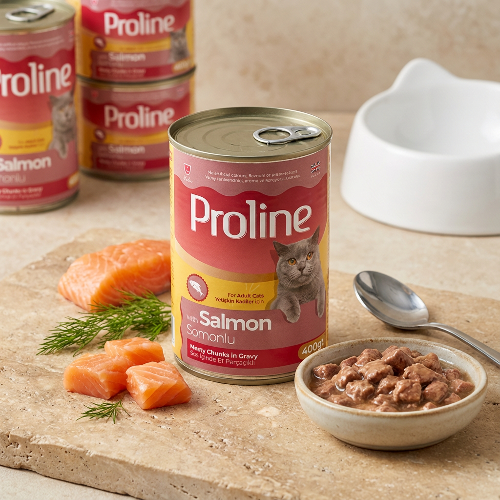 Proline Somonlu Sos İçinde Et Parçacıklı Konserve Yetişkin Kedi Maması 400GR x 12 Adet kullanım görseli