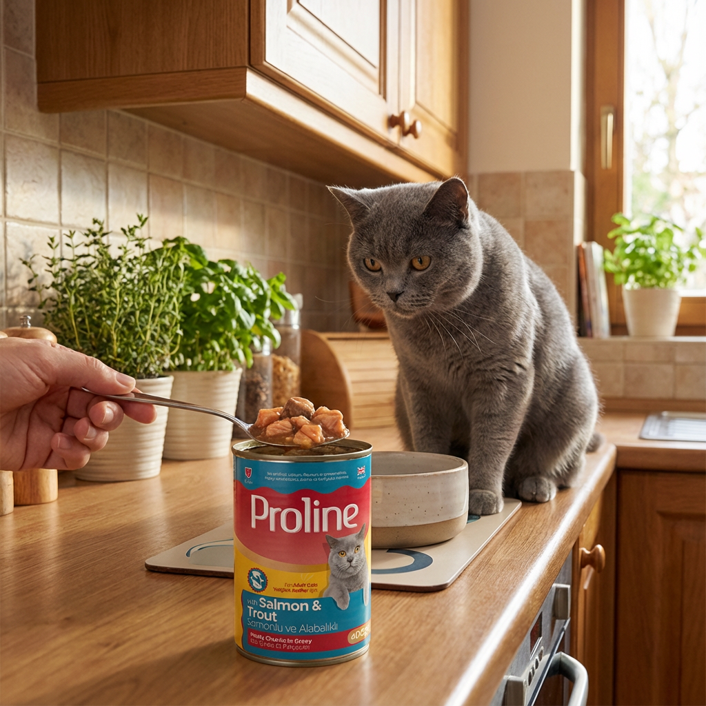Proline Somonlu ve Alabalıklı Sos İçinde Et Parçacıklı Konserve Yetişkin Kedi Maması 400GR x 12 Adet kullanım görseli