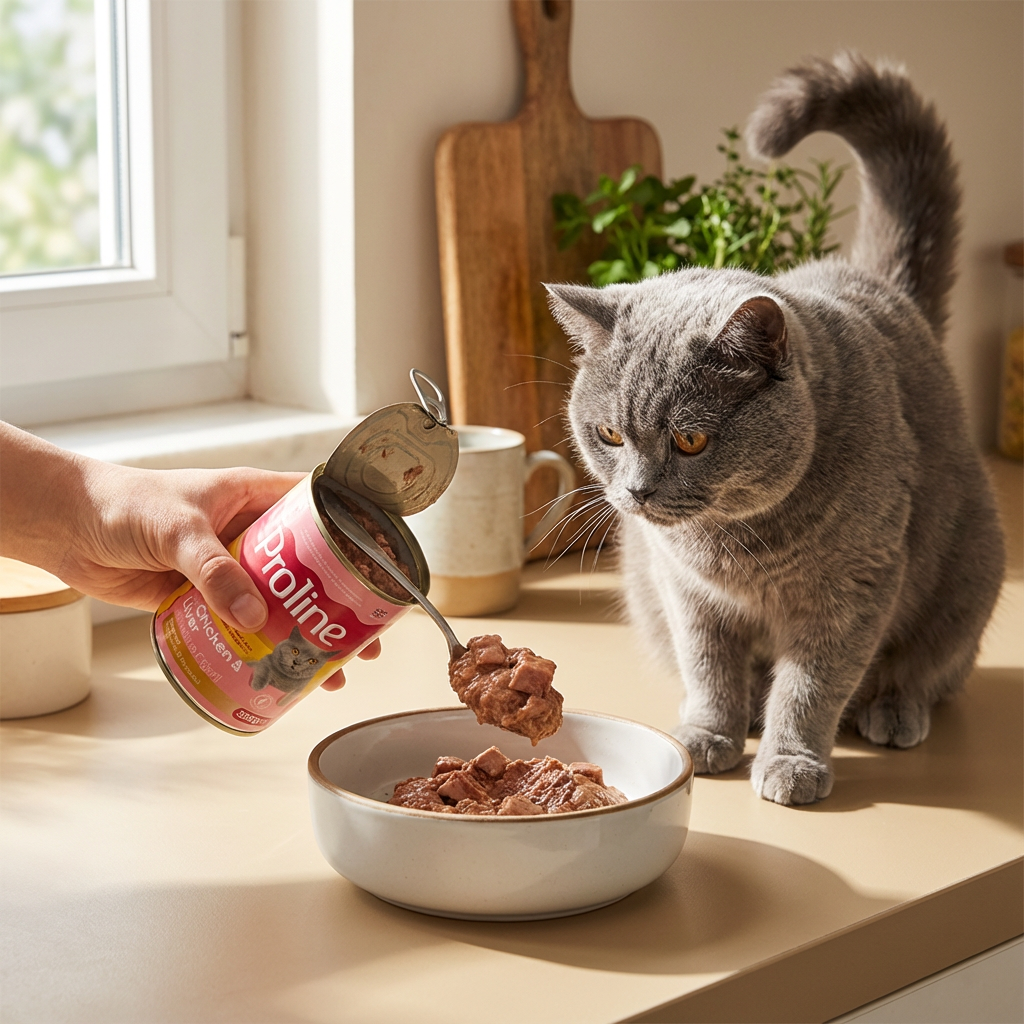 Proline Tavuklu ve Ciğerli Pate İçinde Et Parçacıklı Konserve Yetişkin Kedi Maması 395GR x 12 Adet kullanım görseli