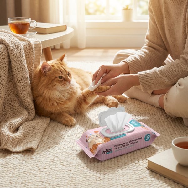 Reflex Care Evcil Hayvan Temizleme Havlusu Bebek Pudrası Kokulu 50'li kullanım görseli