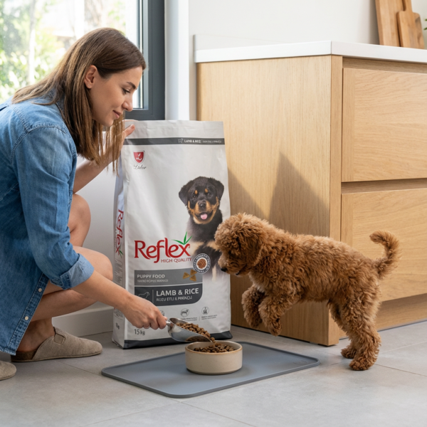 Reflex Kuzu Etli ve Pirinçli Yavru Köpek Maması 15 Kg kullanım görseli