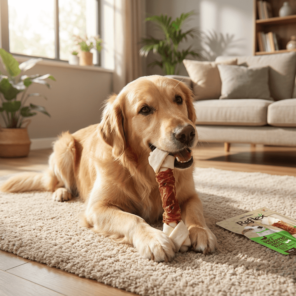 Reflex Ördek Etli Düğümlü Çiğneme Kemiği 80G - Dog owner treating their pet to a long-lasting chew snack Reflex Ördek Etli Düğümlü Çiğneme Kemiği 80G kullanım görseli