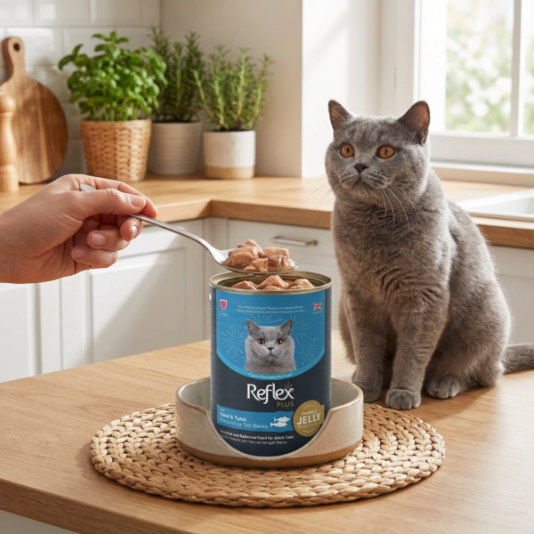 Reflex Plus Jöle İçinde Et Parçacıklı Alabalıklı ve Ton Balıklı Yetişkin Kedi Maması 400 Gr x 12 Adet kullanım görseli