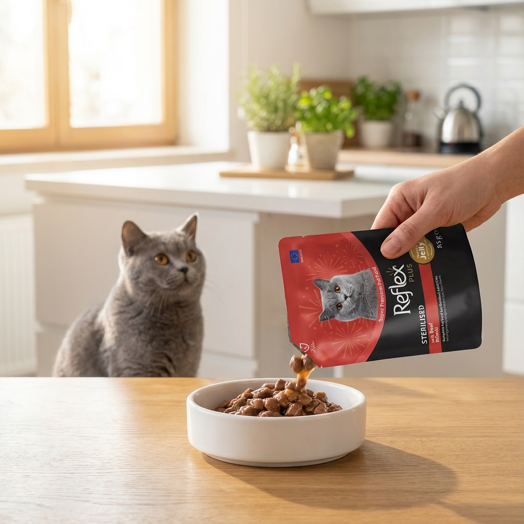 Reflex Plus Jöle İçinde Et Parçacıklı Biftekli Kısırlaştırılmış Yetişkin Kedi Maması 85g kullanım görseli
