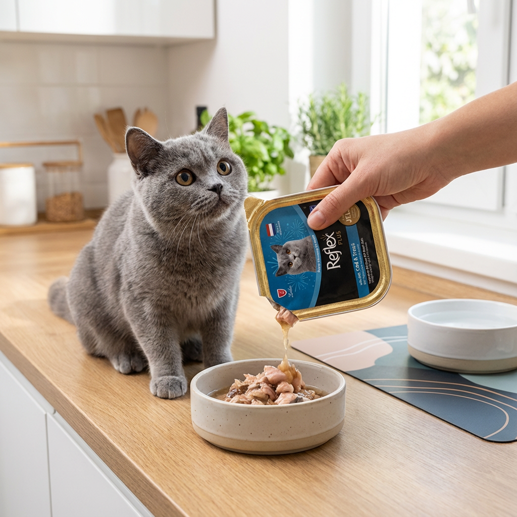 Reflex Plus Jöle İçinde Et Parçacıklı MSC Morina Balıklı ve Alabalıklı Yetişkin Kedi Maması 85 g kullanım görseli