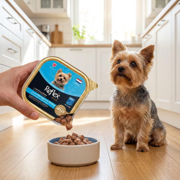 Reflex Plus Jöle İçinde Et Parçacıklı MSC Ringa Balıklı ve MSC Karidesli Mini ve Küçük Irklar için Yetişkin Köpek Maması 85 g kullanım görseli