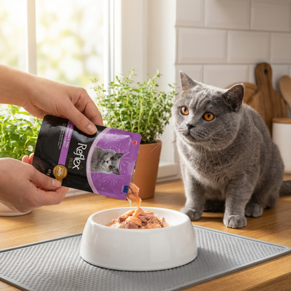 Reflex Plus Jöle İçinde Et Parçacıklı Somonlu & Ton Balıklı Yetişkin Kedi Maması 85g kullanım görseli