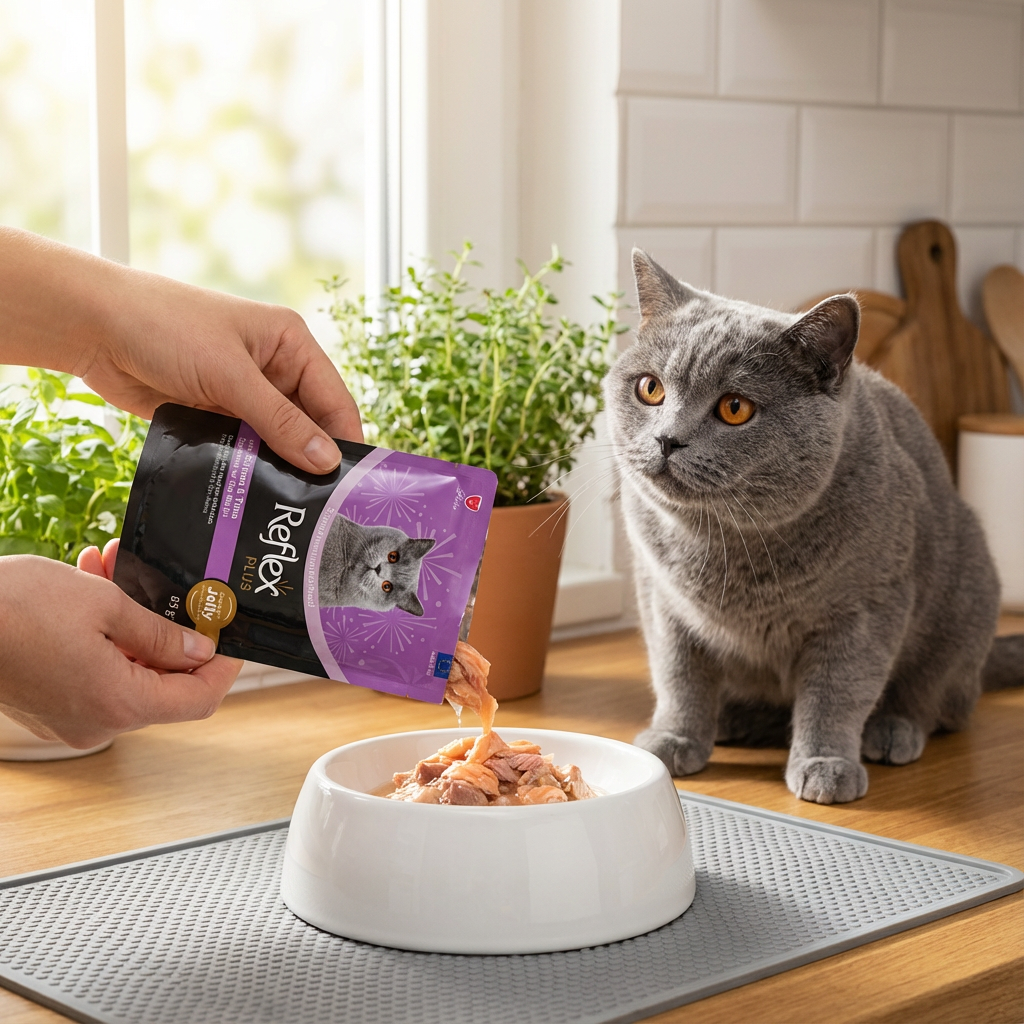 Reflex Plus Jöle İçinde Et Parçacıklı Somonlu & Ton Balıklı Yetişkin Kedi Maması 85g kullanım görseli