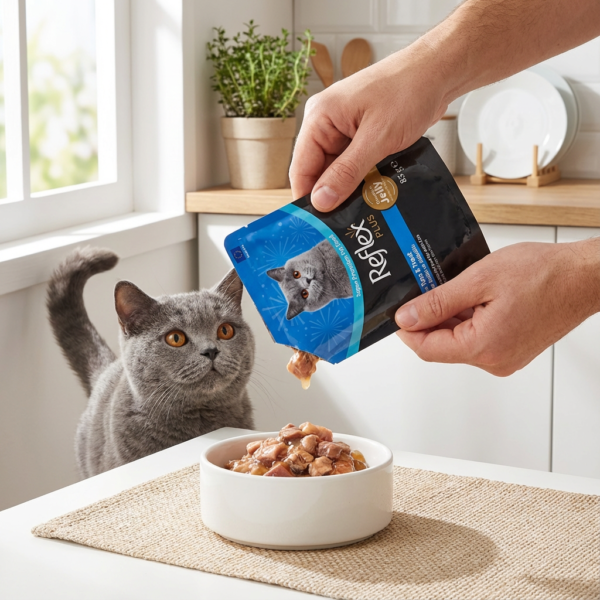 Reflex Plus Jöle İçinde Et Parçacıklı Ton Balıklı Ve Alabalıklı Yetişkin Kedi Maması 85g x 22 Adet kullanım görseli