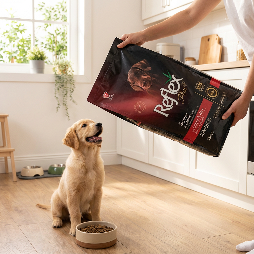 Reflex Plus Kuzu Etli Ve Pirinçli Orta Ve Büyük Irk Yavru Köpek Maması 15 Kg kullanım görseli