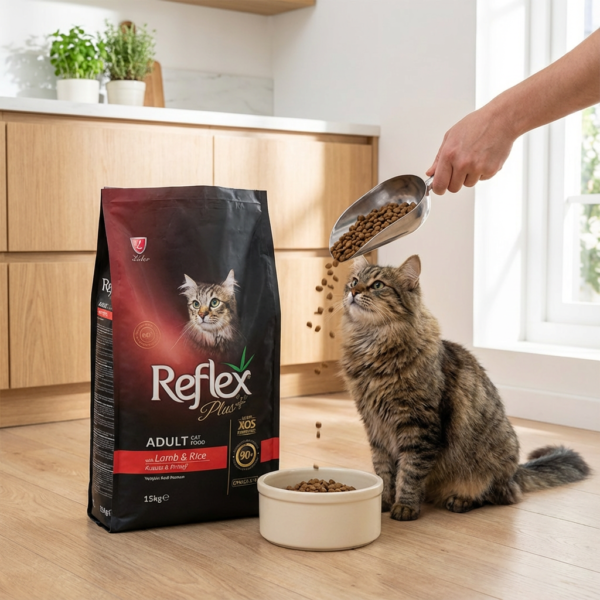 Reflex Plus Kuzu Etli ve Pirinçli Yetişkin Kedi Maması 15 Kg kullanım görseli