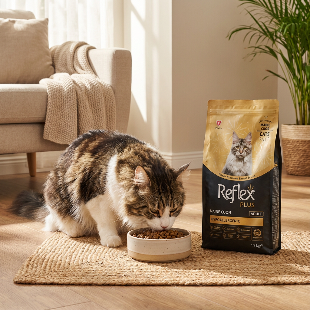 Reflex Plus Maine Coon Yetişkin Kedi Maması 1,5 Kg - Maine Coon cat owner feeding their large breed pet Reflex Plus Maine Coon Yetişkin Kedi Maması 1,5 Kg kullanım görseli