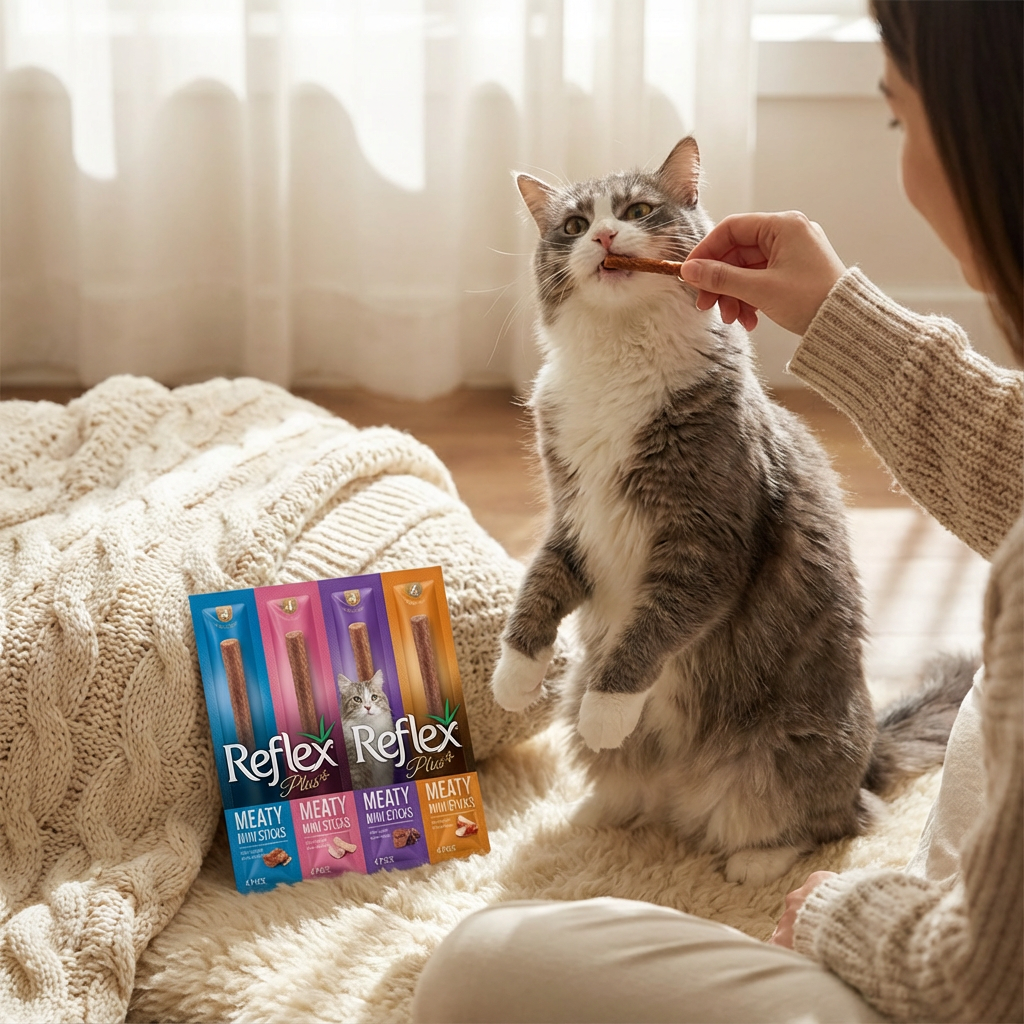 Reflex Plus Meaty Mini Sticks Kedi Ödül Maması 5 Adet x 2 gr x 4 Çeşit kullanım görseli