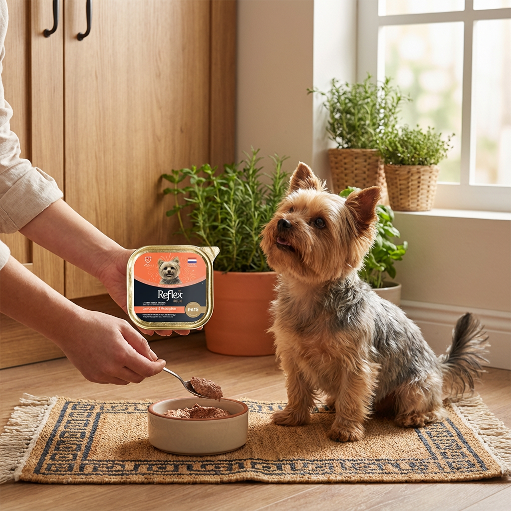 Reflex Plus Pate Kuzu Etli ve Bal Kabaklı Mini ve Küçük Irklar için Yetişkin Köpek Maması 85 g kullanım görseli