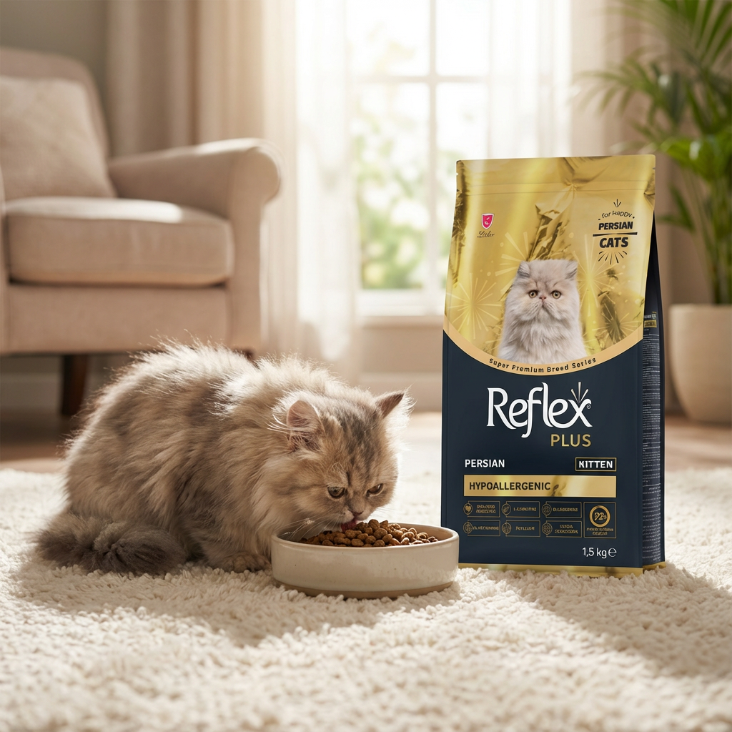Reflex Plus Persian Yavru Kedi Maması 1,5 Kg - Pet owner caring for a young Persian cat Reflex Plus Persian Yavru Kedi Maması 1,5 Kg kullanım görseli