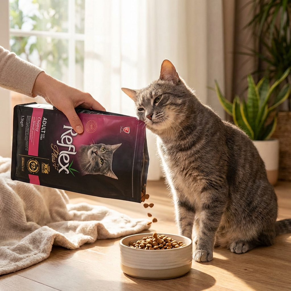 Reflex Plus Skin Care Somonlu Yetişkin Kedi Maması 1,5 Kg - Cat owner feeding an adult cat with a glossy, healthy coat Reflex Plus Skin Care Somonlu Yetişkin Kedi Maması 1,5 Kg kullanım görseli
