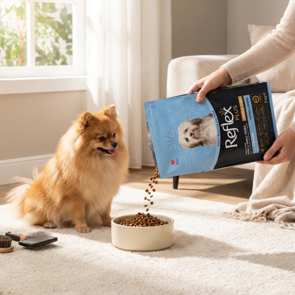 Reflex Plus Skin & Coat Somonlu Mini ve Küçük Irk Yetişkin Köpek Maması 3 Kg kullanım görseli