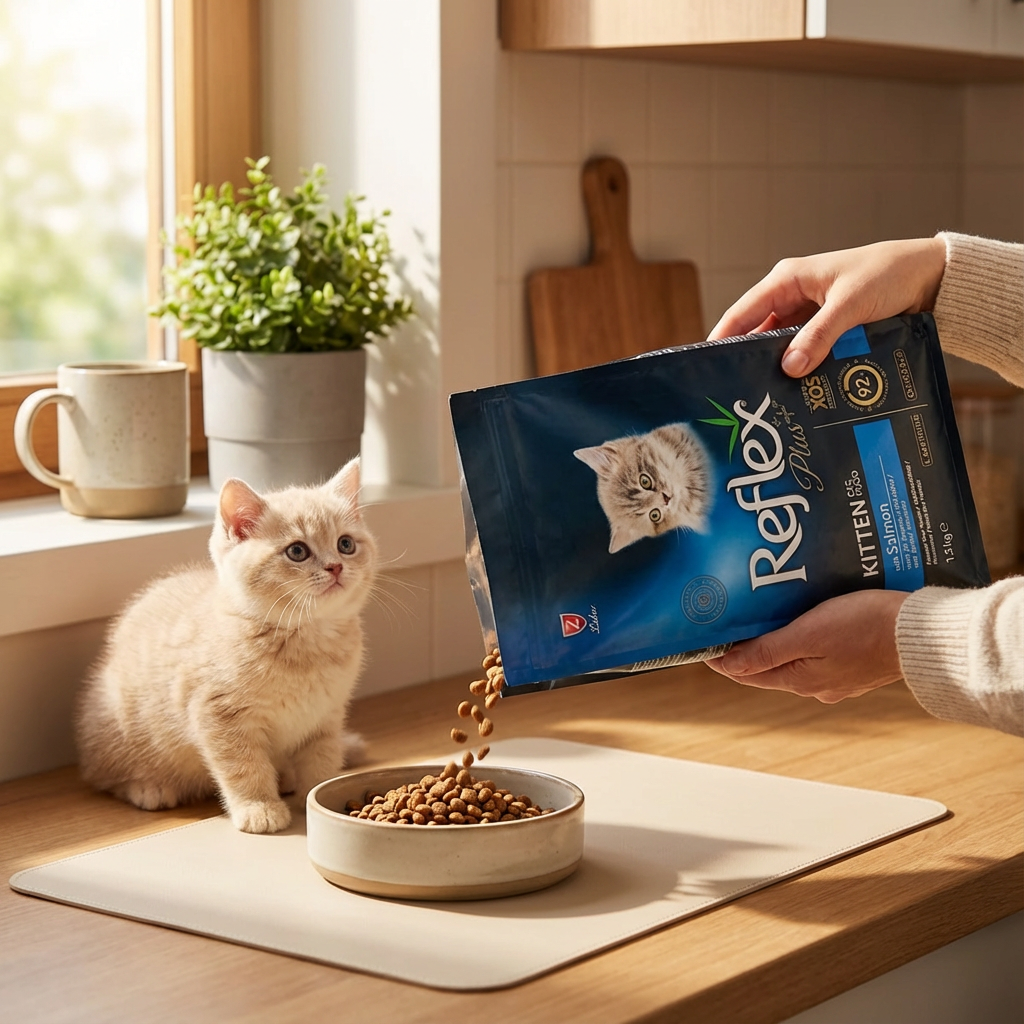 Reflex Plus Somonlu Yavru Kedi Maması 1,5 Kg - A caring pet owner preparing a healthy meal for their growing kitten Reflex Plus Somonlu Yavru Kedi Maması 1,5 Kg kullanım görseli