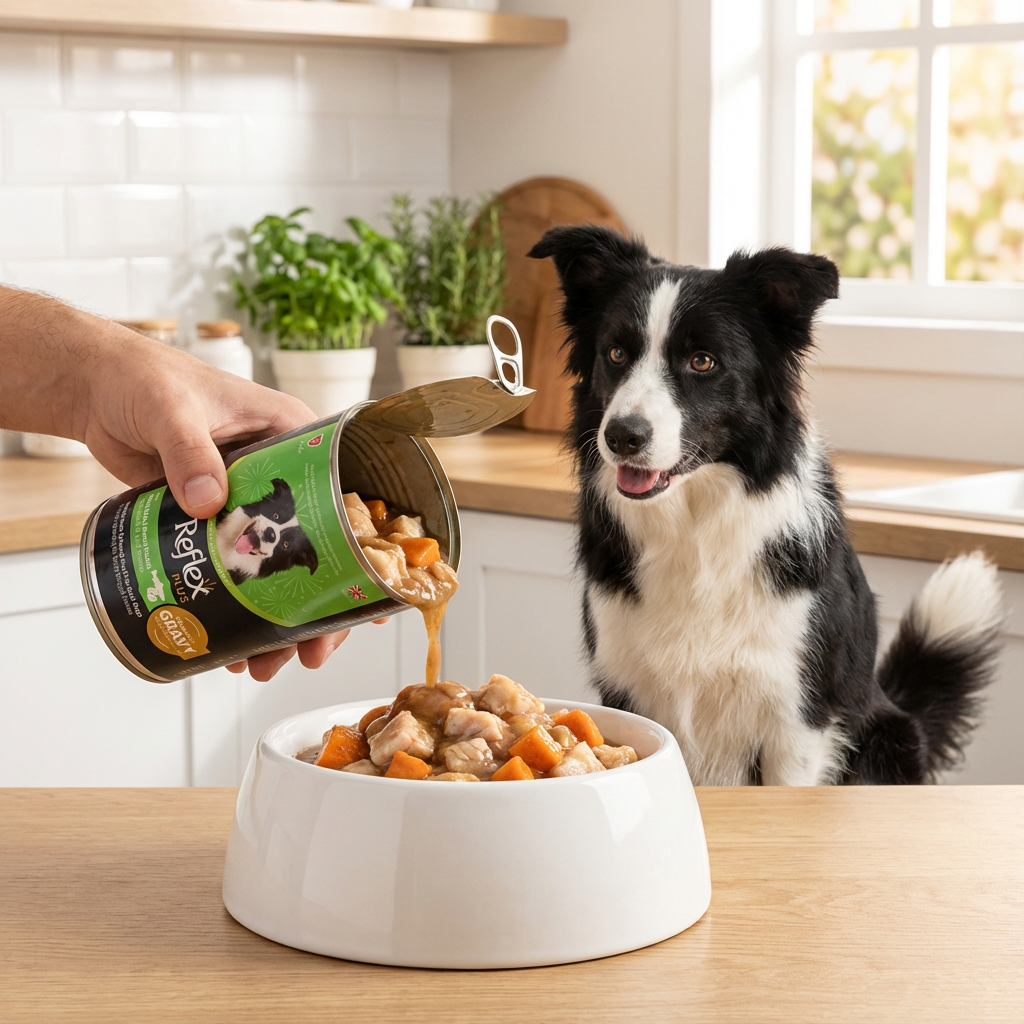 Reflex Plus Sos İçinde Et Parçacıklı Beyaz Balıklı ve Tatlı Patatesli Yetişkin Köpek Maması 400 Gr x 12 Adet kullanım görseli