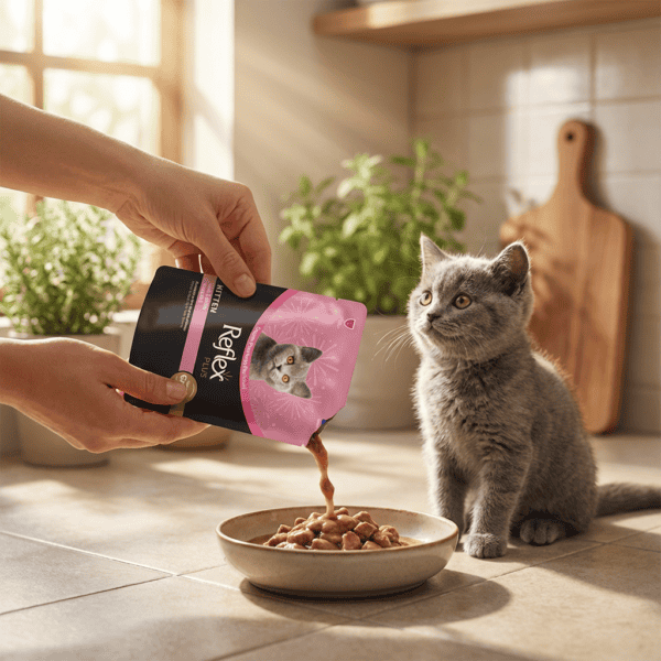 Reflex Plus Sos İçinde Et Parçacıklı Kuzu Etli Yavru Kedi Maması 85g kullanım görseli