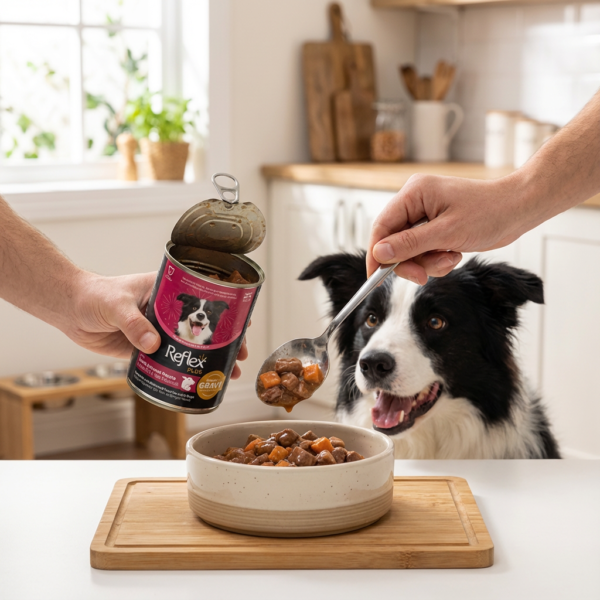 Reflex Plus Sos İçinde Et Parçacıklı Kuzu Etli ve Tatlı Patatesli Yetişkin Köpek Maması 400 Gr x 12 Adet kullanım görseli