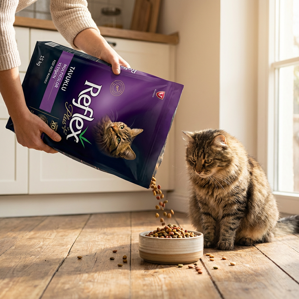 Reflex Tavuklu Multicolor Yetişkin Kedi Maması 15 kg - Cat owner feeding an adult cat Reflex Tavuklu Multicolor Yetişkin Kedi Maması 15 kg kullanım görseli