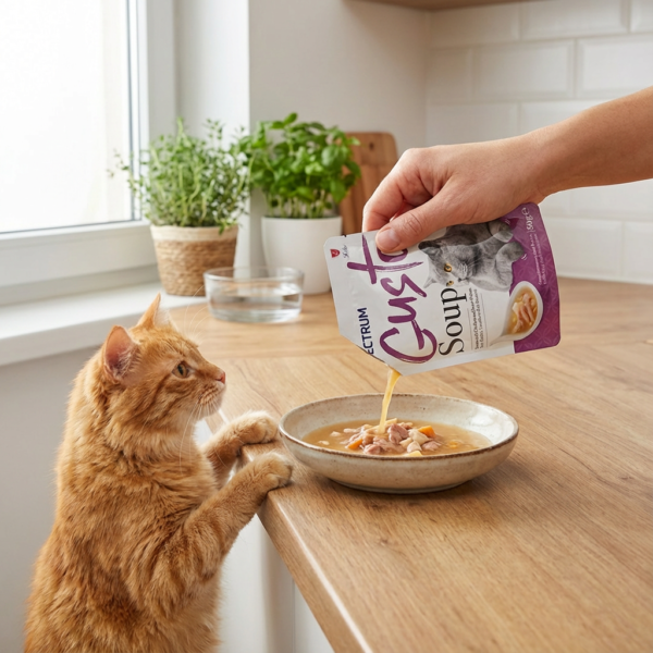 Spectrum Gusto Ton Balıklı Tavuklu ve Tatlı Patatesli Kedi Çorbası 50gr kullanım görseli