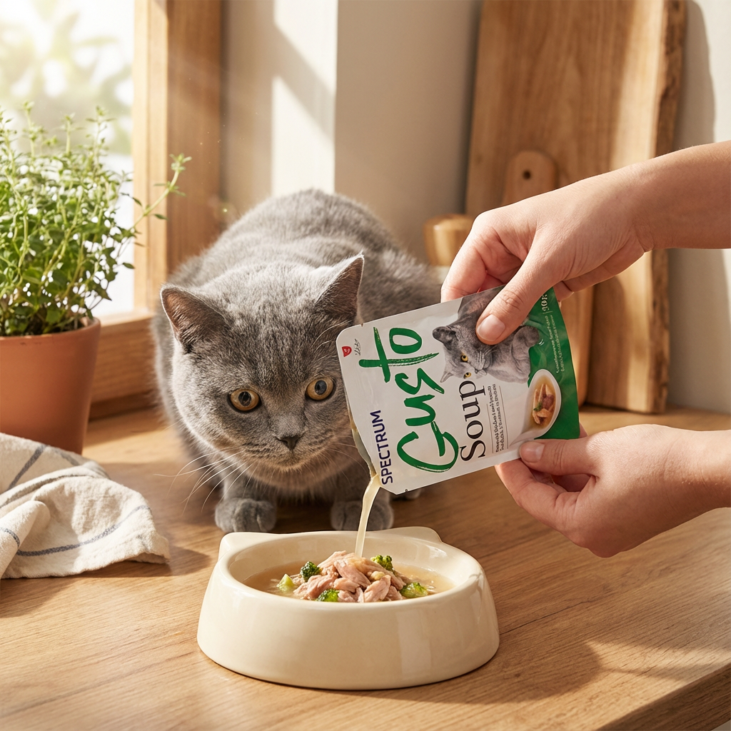 Spectrum Gusto Ton Balıklı Uskumrulu ve Brokolili Kedi Çorbası 50gr kullanım görseli