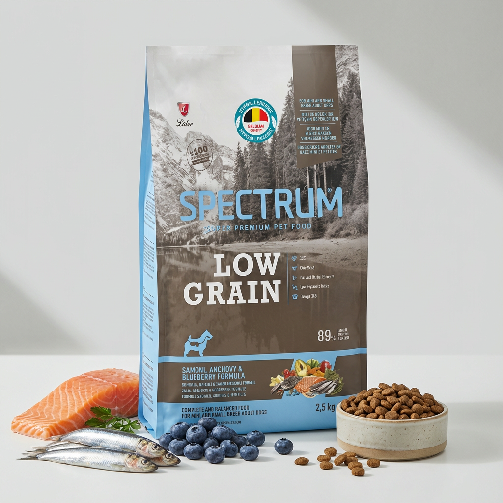 Spectrum Low Grain Somonlu, Hamsili ve Yaban Mersinli Mini ve Küçük Irk Yavru Köpek Maması 2,5kg kullanım görseli