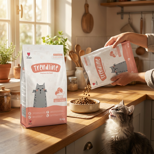 Trendline Kuzu Etli ve Pirinçli Yetişkin Kedi Maması 15 kg kullanım görseli
