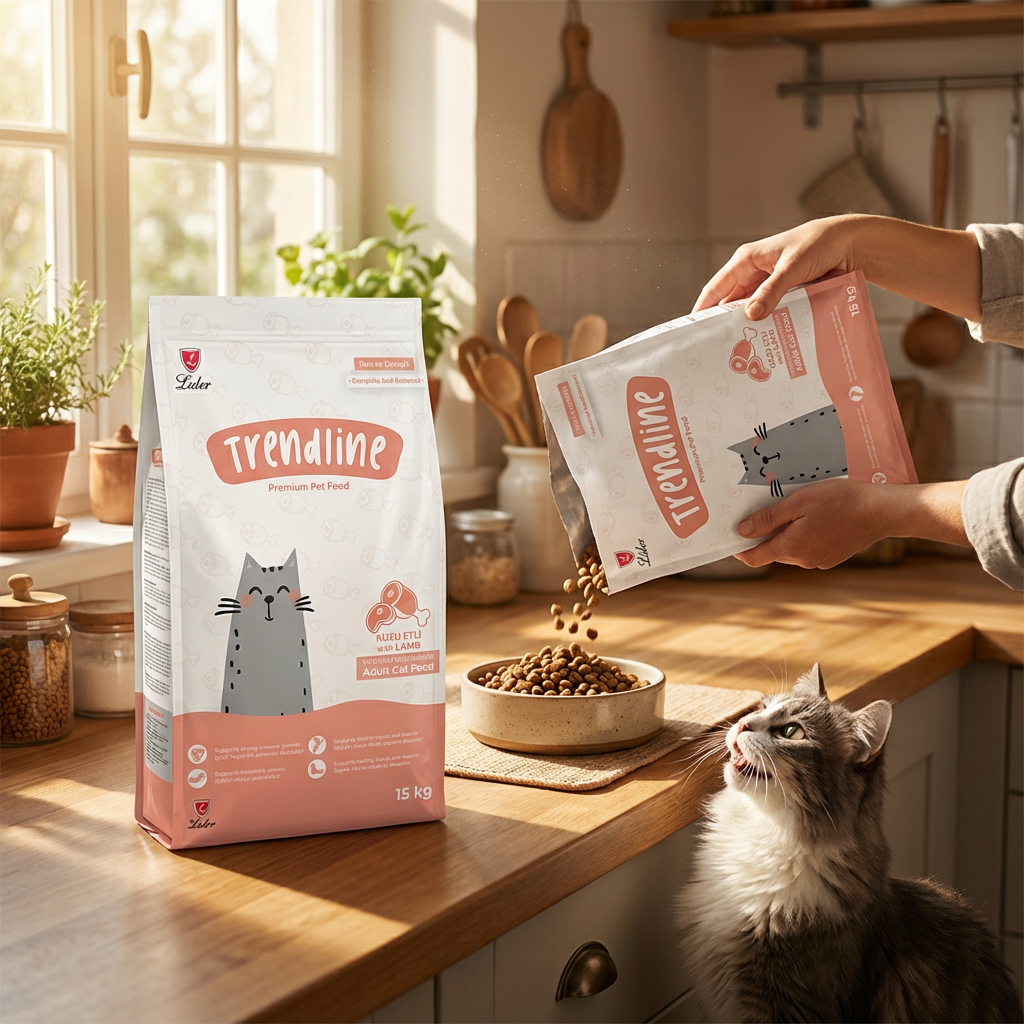 Trendline Kuzu Etli ve Pirinçli Yetişkin Kedi Maması 15 kg kullanım görseli