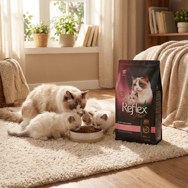 ​Reflex Plus Mother ​​&​​ Baby Kuzu Etli ve Pirinçli Kedi Maması 1,5 Kg kullanım görseli